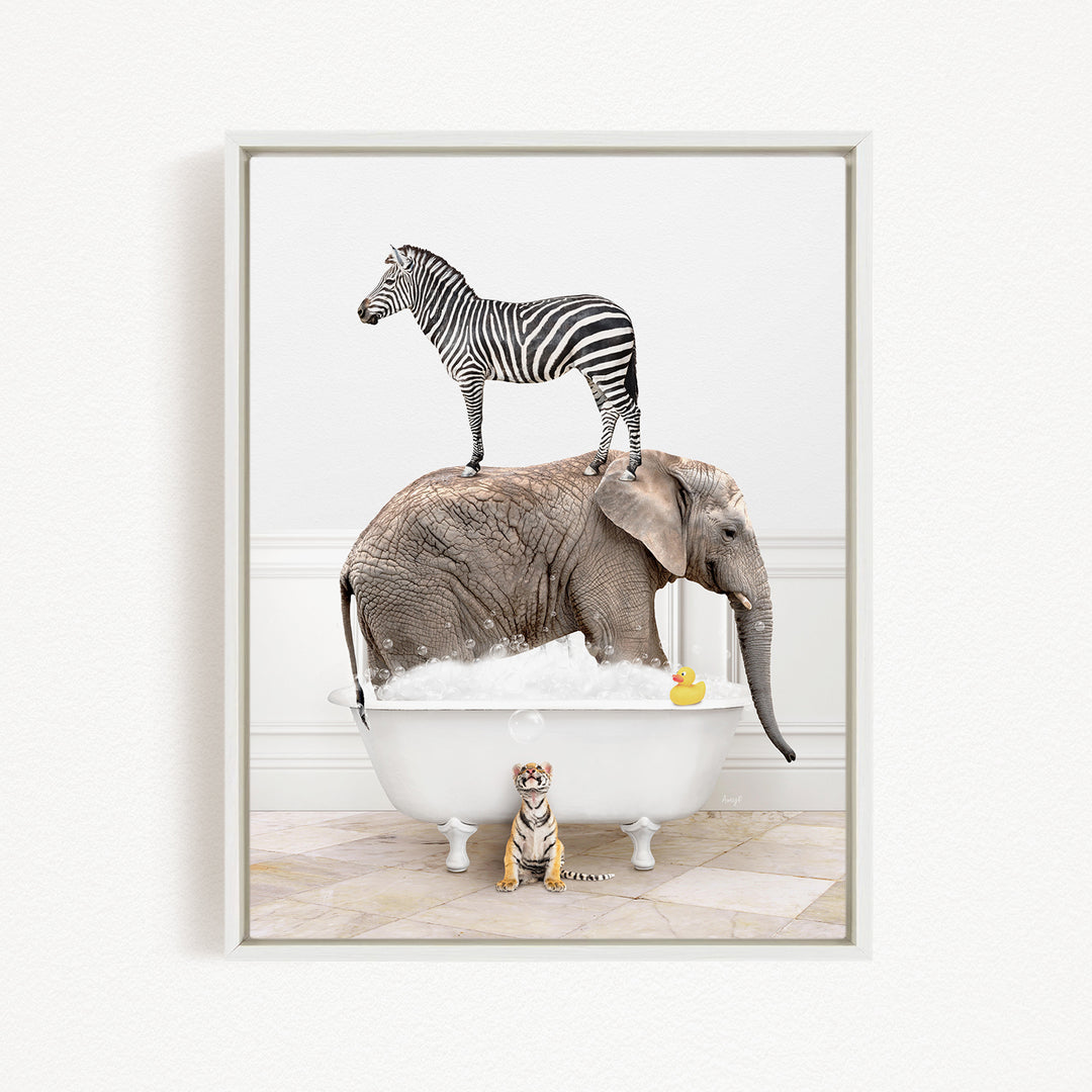 A zebra stands on an elephant's back while the elephant is submerged in a bathtub, with a small tiger sitting on the edge of the tub.