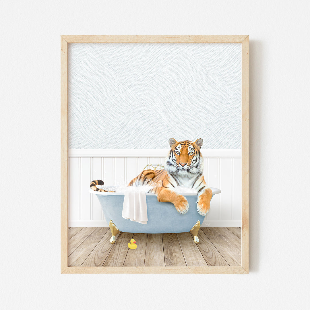 a picture of a tiger sitting in a bathtub