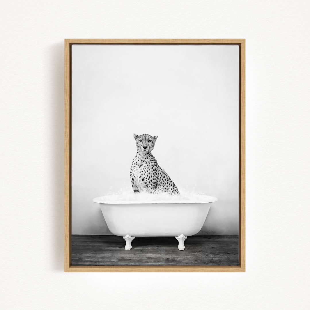 A cheetah sitting in a white bathtub filled with water, looking directly at the camera.