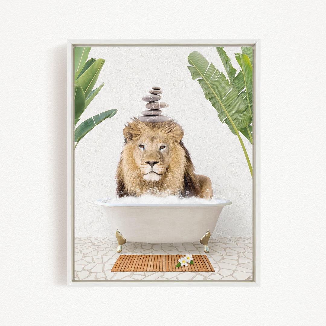 A lion is sitting in a bathtub filled with water, surrounded by tropical plants and a wooden mat on the floor.