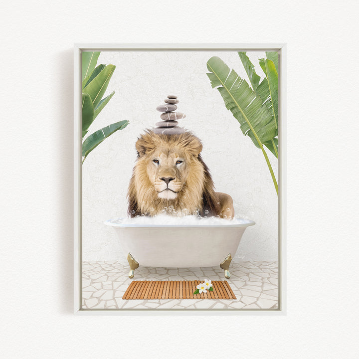 A lion is sitting in a bathtub filled with water, surrounded by tropical plants and a wooden mat on the floor.