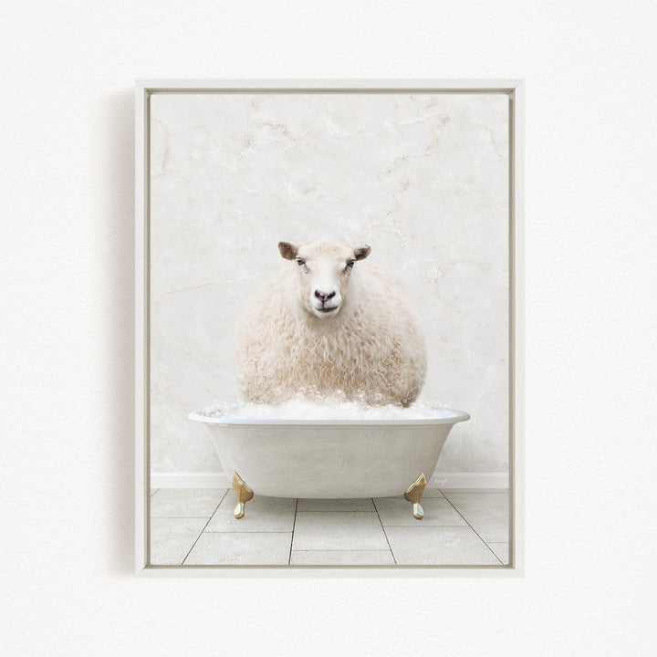 A fluffy white sheep sits in a white bathtub, surrounded by bubbles, creating a whimsical and playful scene.