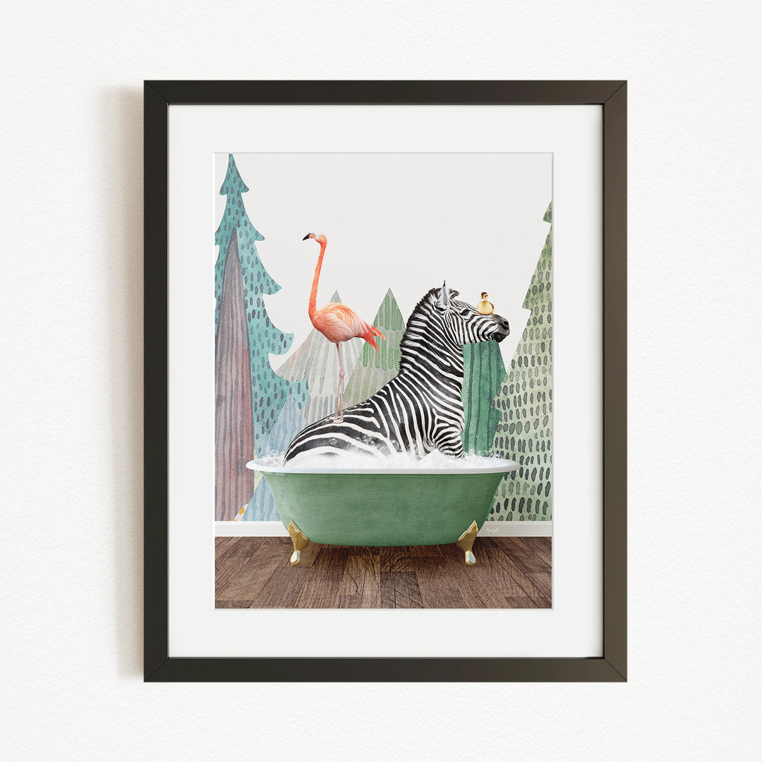 A framed illustration depicting a zebra sitting in a green bathtub, with a flamingo standing on its back and a bird perched on its head.