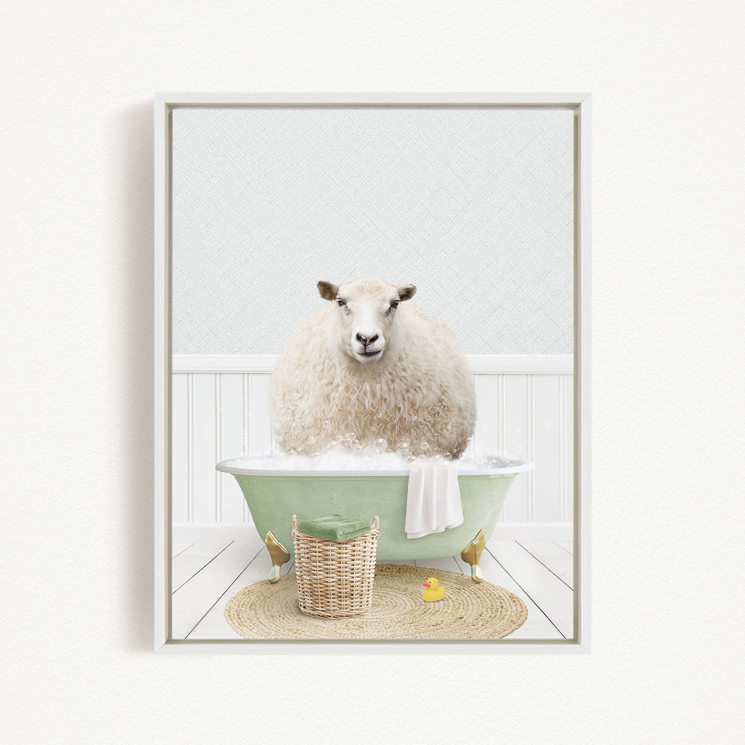 A fluffy white sheep sits in a green bathtub filled with bubbles, surrounded by a basket of toys and a yellow rubber duck.