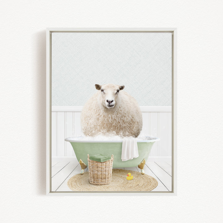 A fluffy white sheep sits in a green bathtub filled with bubbles, surrounded by a basket of toys and a yellow rubber duck.
