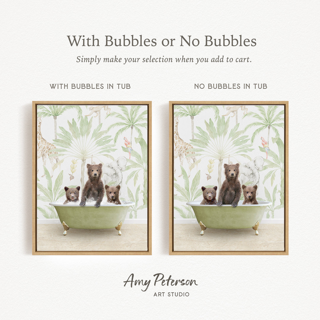 The image is a collage of two framed pictures, each depicting a group of bears sitting in a bathtub. The bears are brown and appear to be enjoying themselves in the tub. The text above the images reads "With Bubbles or No Bubbles" and below the images, it says "Simply make your selection when you add to cart."