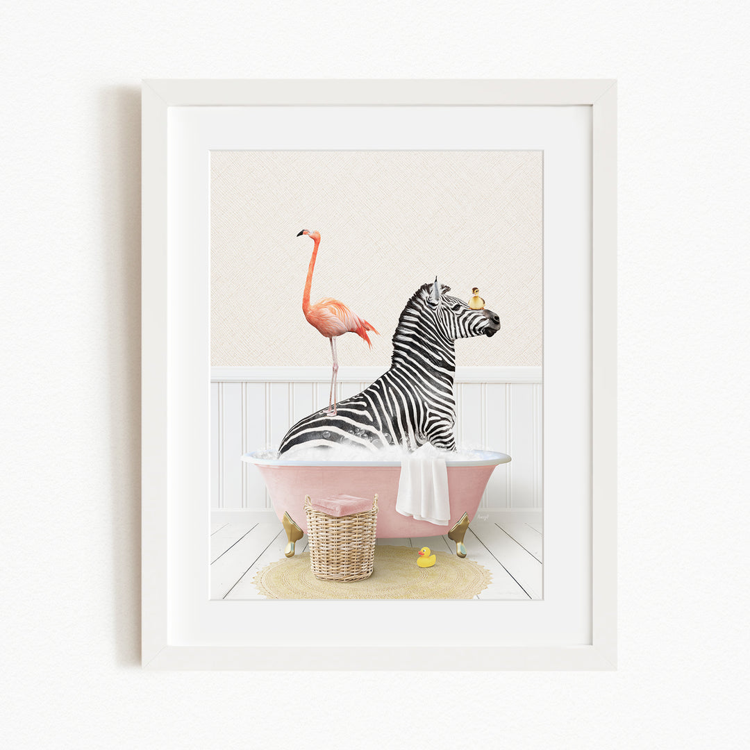 A zebra is sitting in a pink bathtub, with a flamingo standing on one leg and a yellow rubber duck floating nearby.