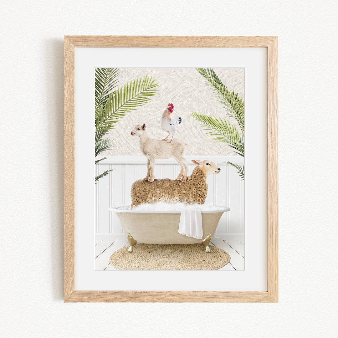 A framed image depicting a sheep standing on a tub filled with water, with a chicken perched on top of the sheep, and a rooster standing on the tub as well.