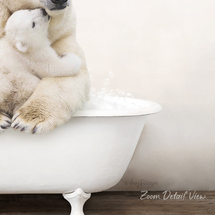 A mother polar bear and her cub sitting together in a white bathtub, with bubbles rising around them.