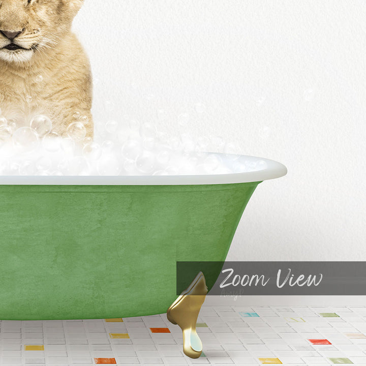 A cat sitting in a green bathtub filled with bubbles, with a text overlay that reads "Zoom View".