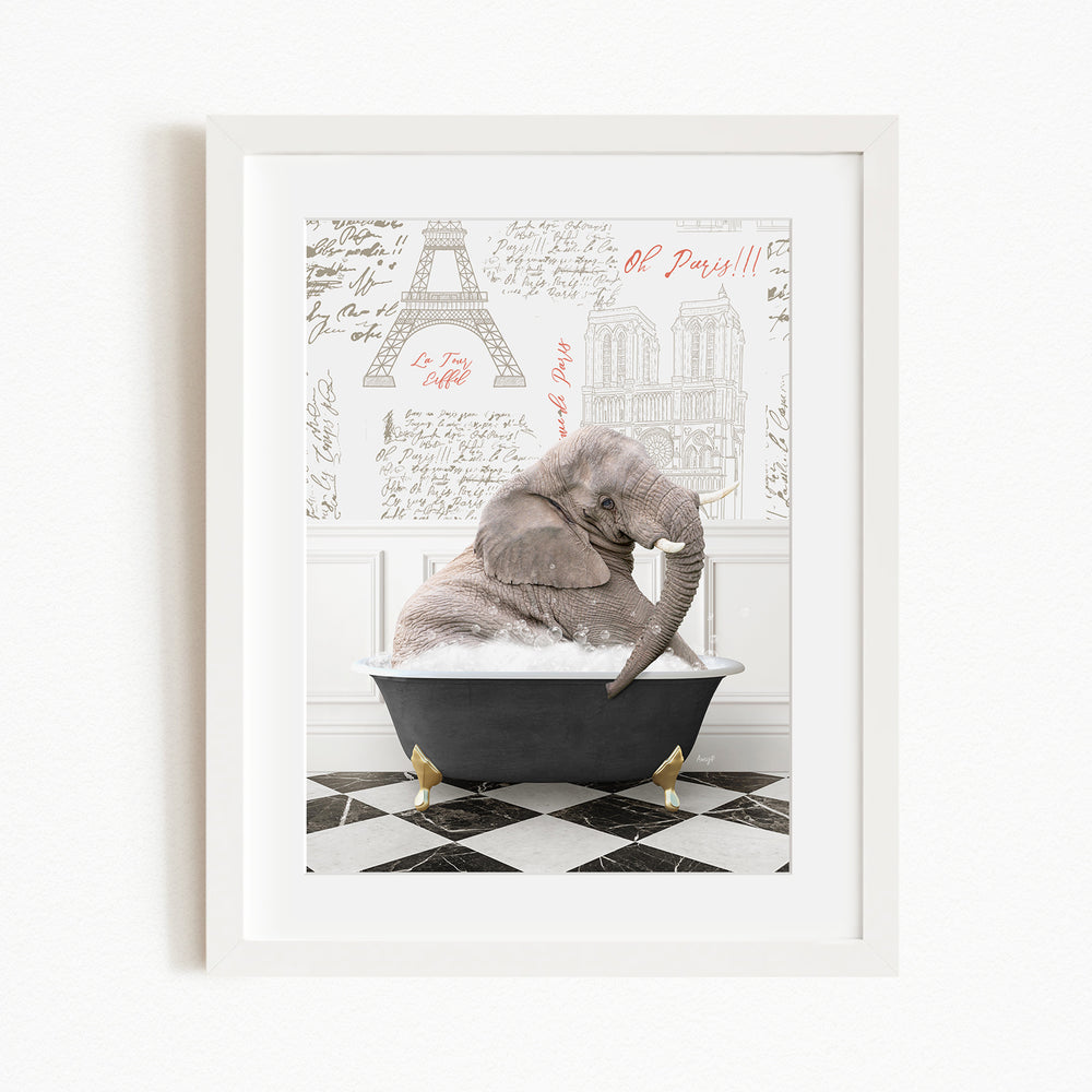 A gray elephant is sitting in a black bathtub filled with water, surrounded by a checkered floor and a wall with the Eiffel Tower and other Parisian landmarks.