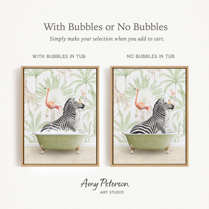 The image is a framed artwork depicting a zebra sitting in a bathtub with a flamingo standing on its back. The text above the image reads "With Bubbles or No Bubbles" and below the image, it says "Simply make your selection when you add to cart." The artist's name, Amy Peterson, is mentioned at the bottom of the image.