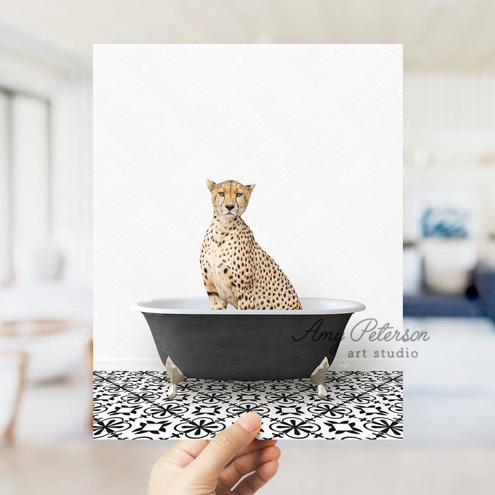 a cheetah sitting in a black bathtub with a white background