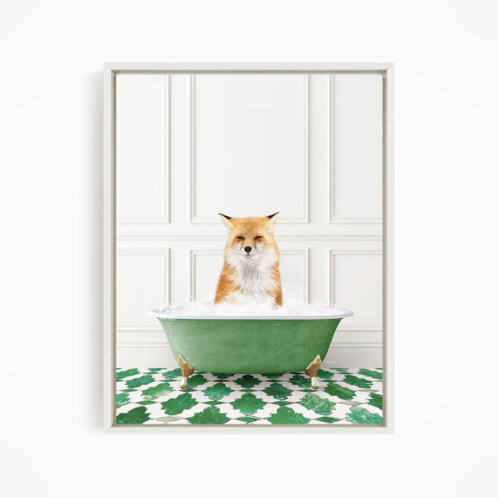 A red fox is sitting in a green bathtub filled with bubbles, looking directly at the camera.