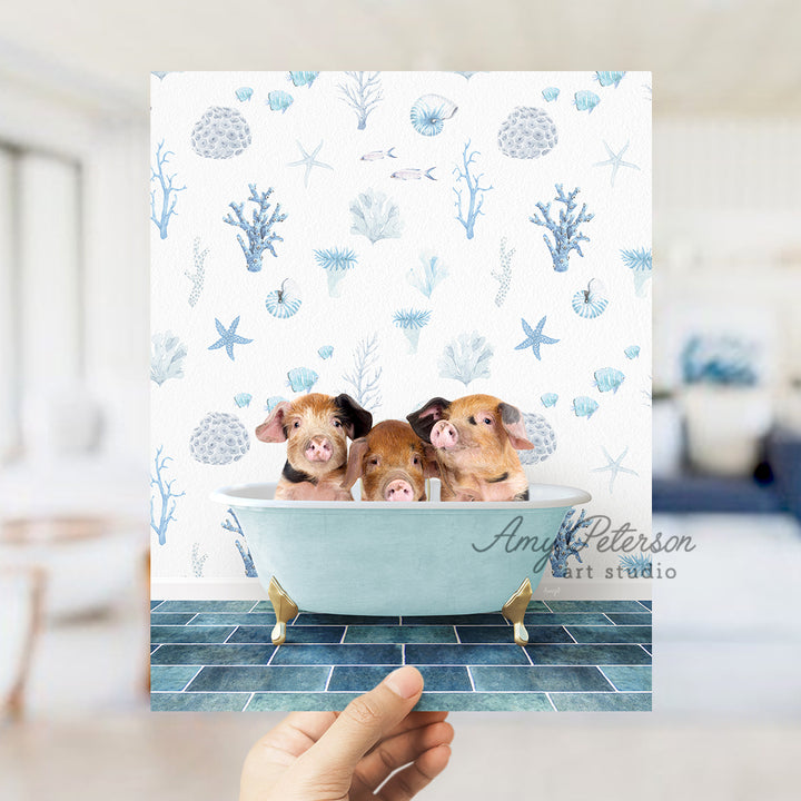 a person holding a card with three dogs in a bathtub