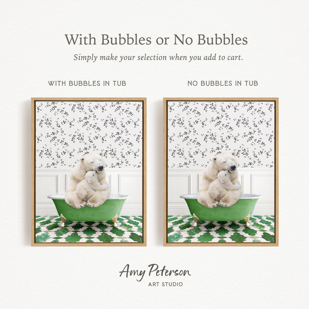 The image is a collage of two pictures featuring polar bears in bathtubs. The first image shows a polar bear sitting in a green bathtub, while the second image depicts a polar bear sitting in a bathtub without any bubbles. The text above the images reads "With Bubbles or No Bubbles Simply make your selection when you add to cart."