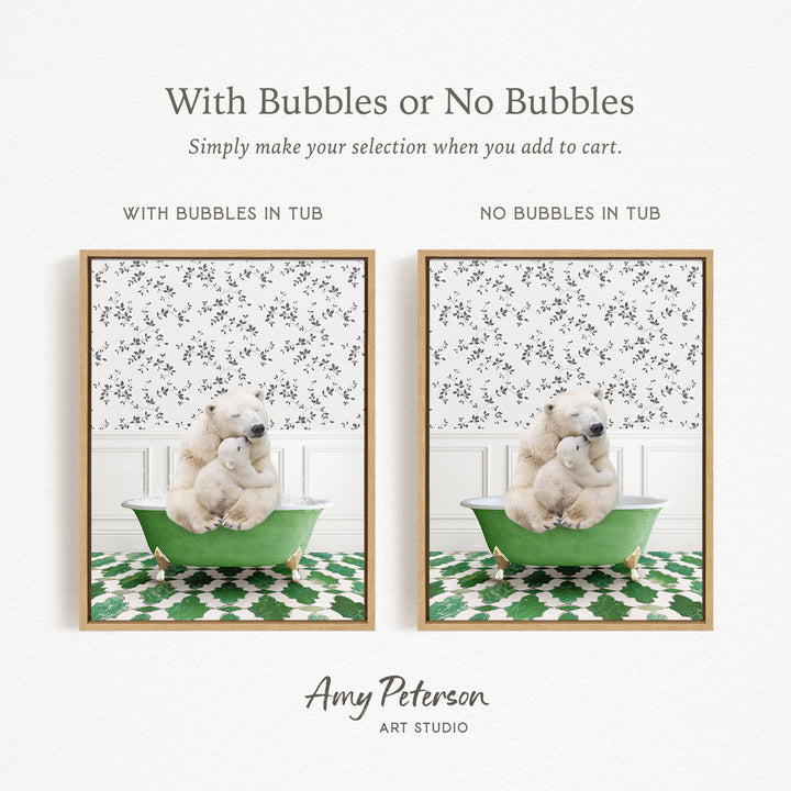The image is a collage of two pictures featuring polar bears in bathtubs. The first image shows a polar bear sitting in a green bathtub, while the second image depicts a polar bear sitting in a bathtub without any bubbles. The text above the images reads "With Bubbles or No Bubbles Simply make your selection when you add to cart."