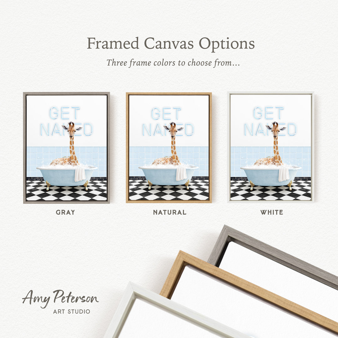 The image is a framed canvas option featuring three different framed canvas options with a giraffe in a bathtub. The options include a gray frame, a natural frame, and a white frame.