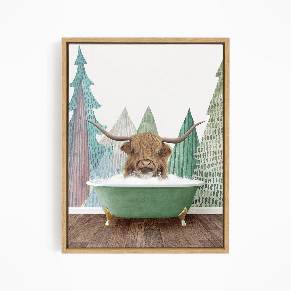 A brown cow with long horns is sitting in a green bathtub, surrounded by a forest scene with trees and a snowy landscape.