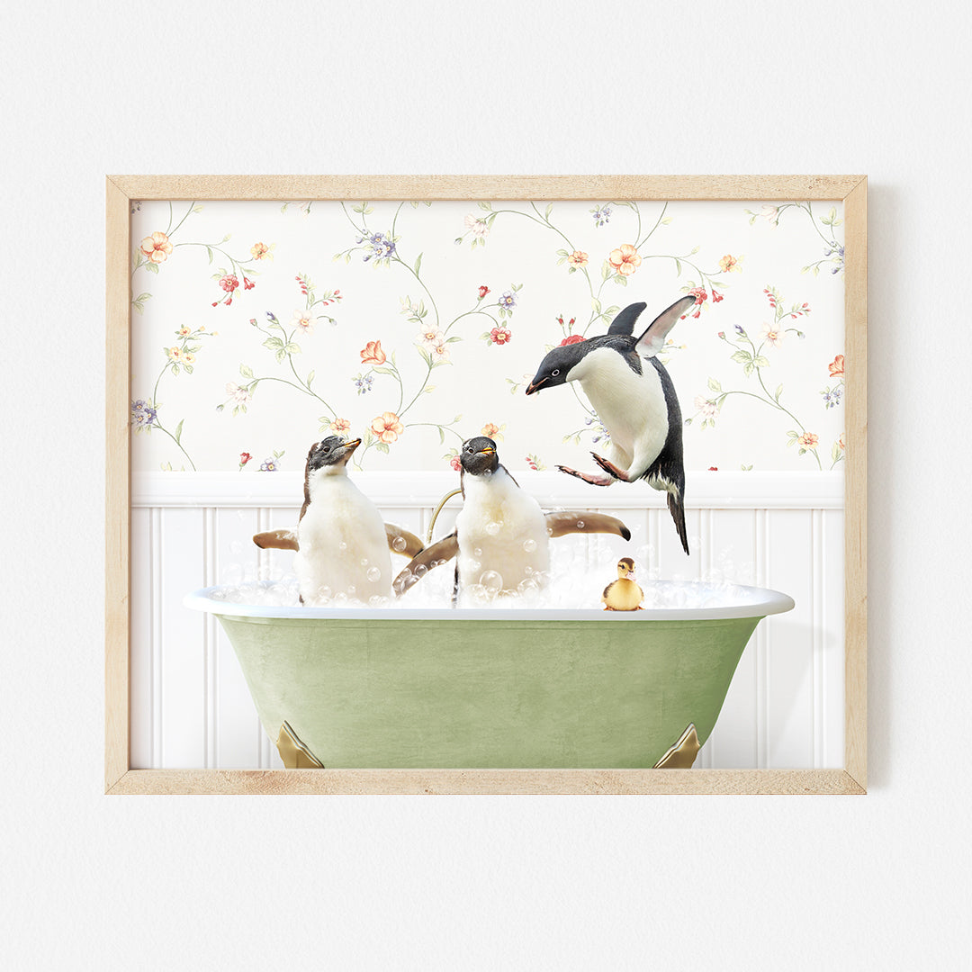 a picture of three penguins in a bathtub