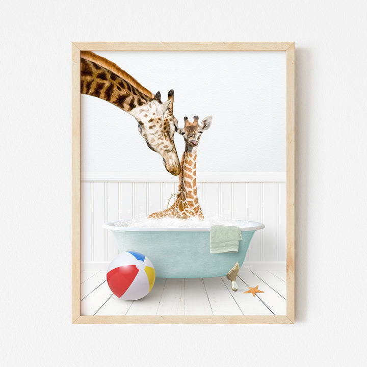 a picture of a giraffe and a baby giraffe in a bath