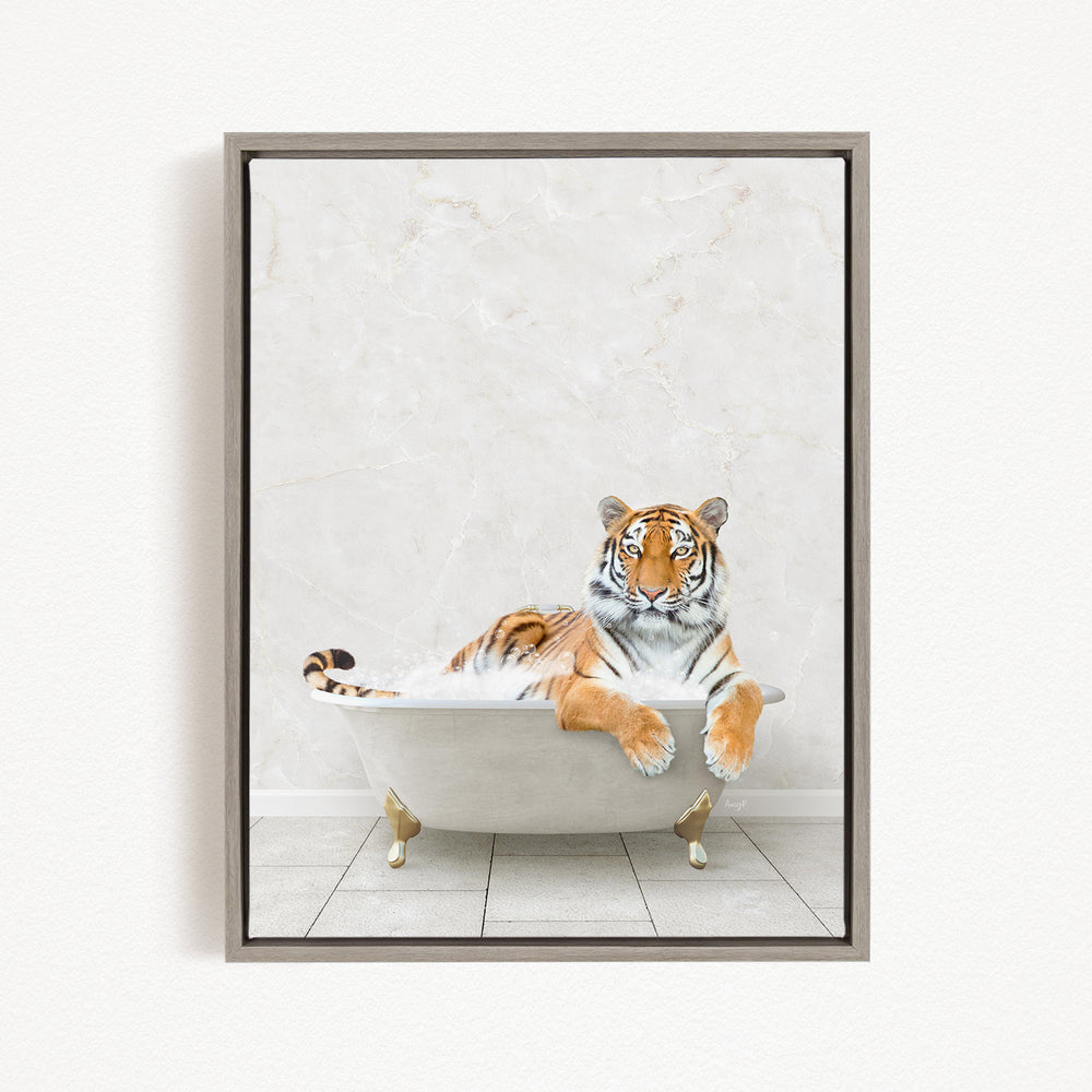 A tiger is sitting in a bathtub filled with water, appearing relaxed and enjoying the experience.