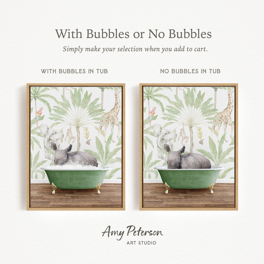 The image is a collage of two framed pictures, each depicting a rhinoceros in a bathtub. The text above the images reads "With Bubbles or No Bubbles" and below the images, it says "Simply make your selection when you add to cart." The artist's name, Amy Peterson, is mentioned at the bottom of the image.