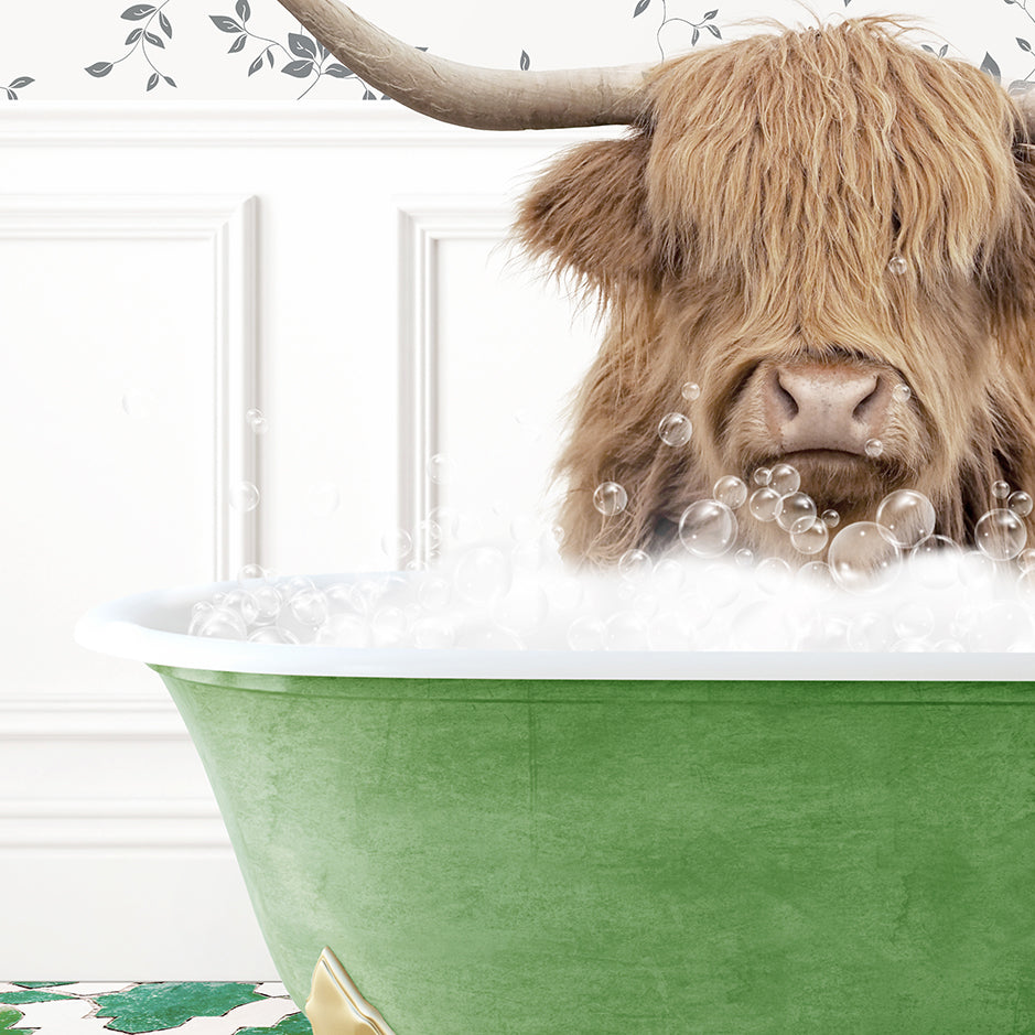 a hairy cow sitting in a bathtub filled with bubbles