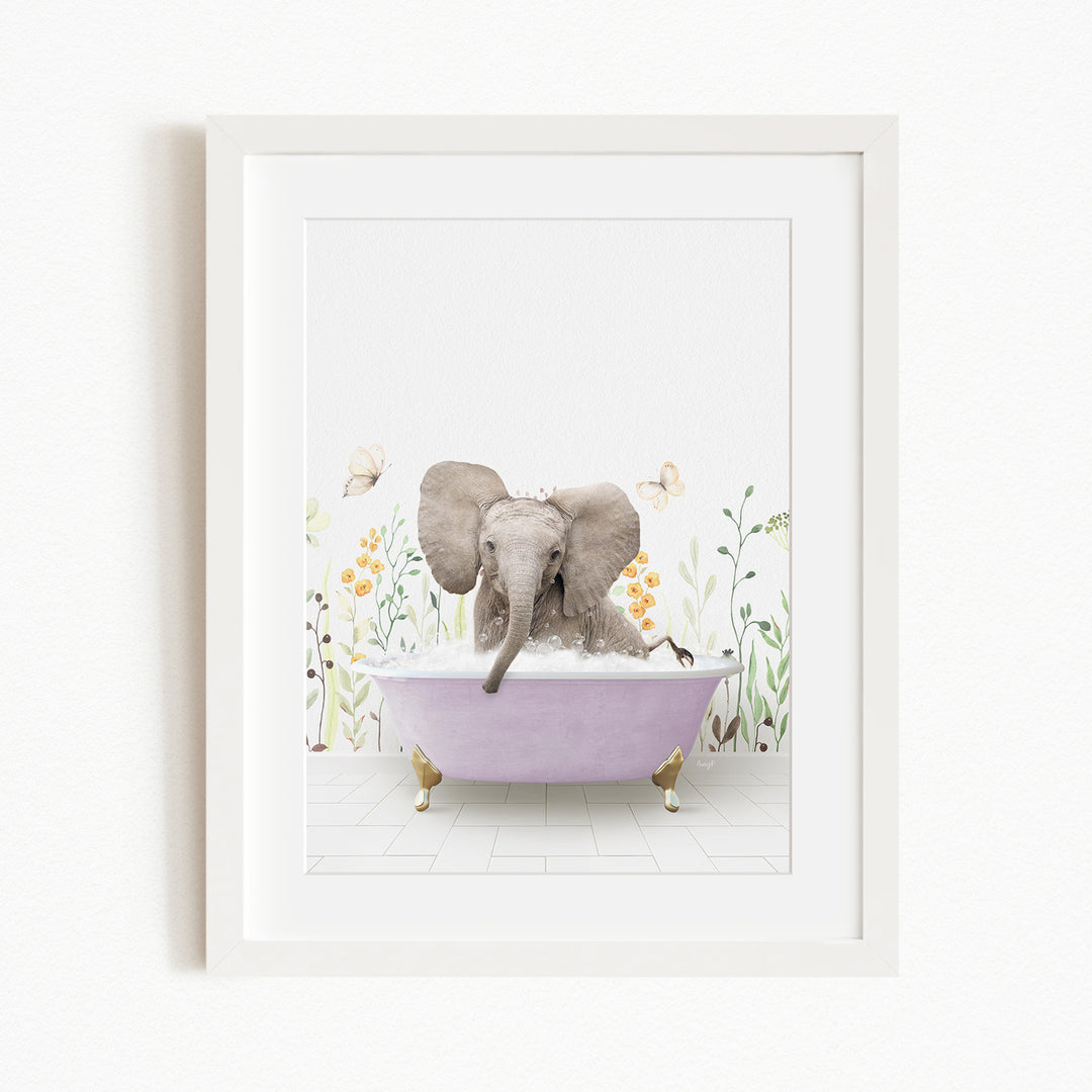 A gray elephant is sitting in a purple bathtub filled with bubbles, surrounded by flowers and butterflies.