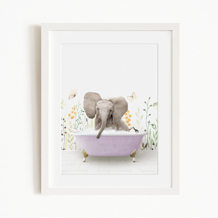 A gray elephant is sitting in a purple bathtub filled with bubbles, surrounded by flowers and butterflies.
