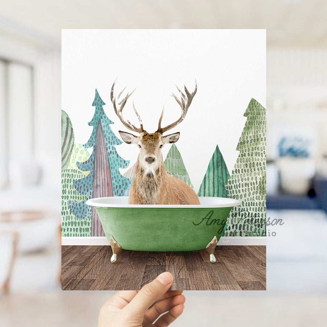 a person holding up a card with a picture of a deer in a bathtub