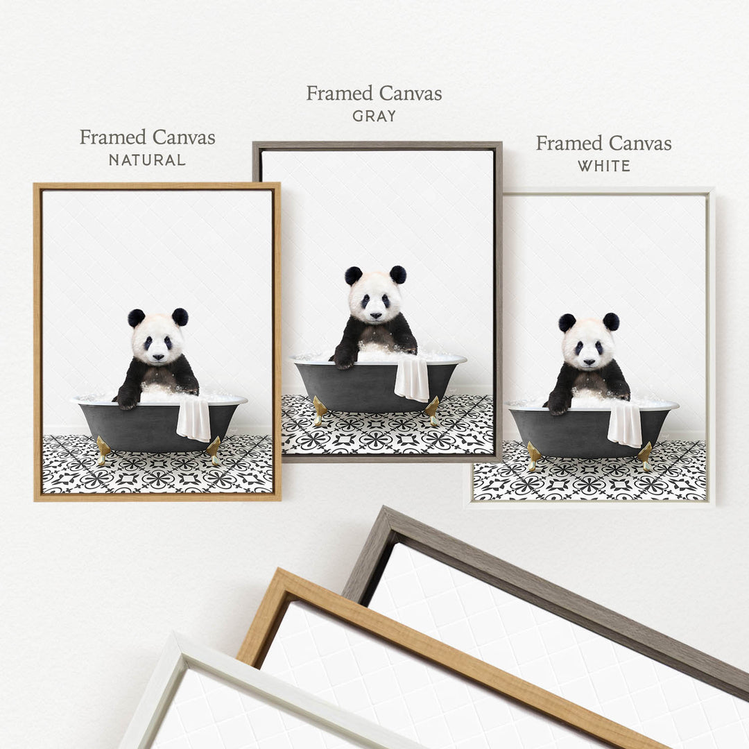 a panda bear sitting in a bathtub, with three framed versions of the image displayed on a wall.