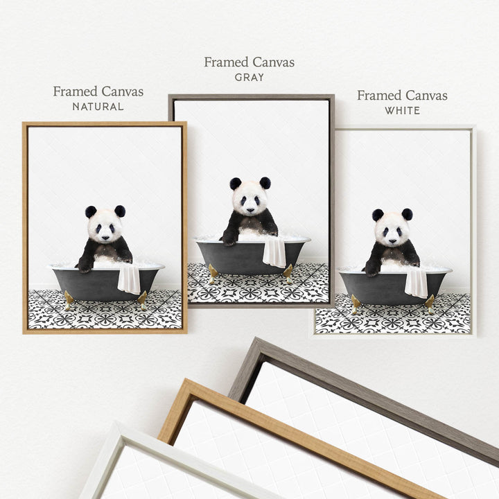 a panda bear sitting in a bathtub, with three framed versions of the image displayed on a wall.