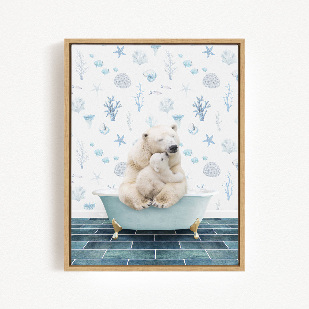 A polar bear is sitting in a bathtub, with another polar bear sitting on its lap, against a background of blue and white seashells and starfish.
