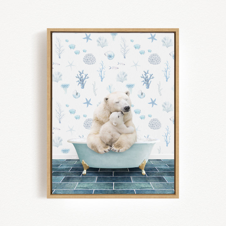 A polar bear is sitting in a bathtub, with another polar bear sitting on its lap, against a background of blue and white seashells and starfish.