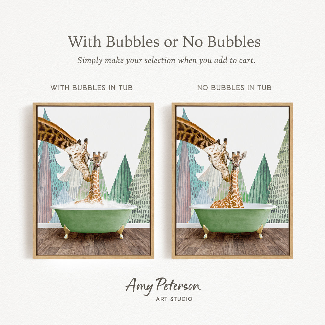 The image is a collage of two framed pictures depicting giraffes in bathtubs. The first picture shows a giraffe in a tub with bubbles, while the second picture shows a giraffe in a tub without bubbles. The text above the images reads "With Bubbles or No Bubbles Simply make your selection when you add to cart."