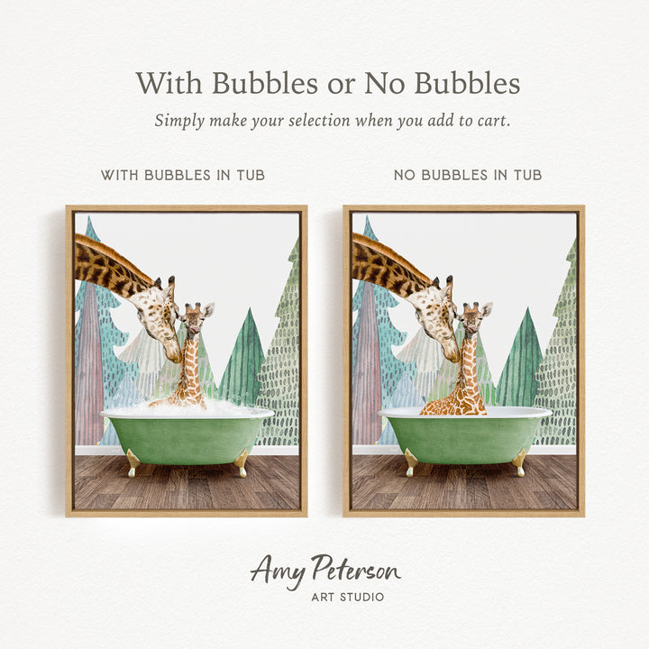 The image is a collage of two framed pictures depicting giraffes in bathtubs. The first picture shows a giraffe in a tub with bubbles, while the second picture shows a giraffe in a tub without bubbles. The text above the images reads "With Bubbles or No Bubbles Simply make your selection when you add to cart."