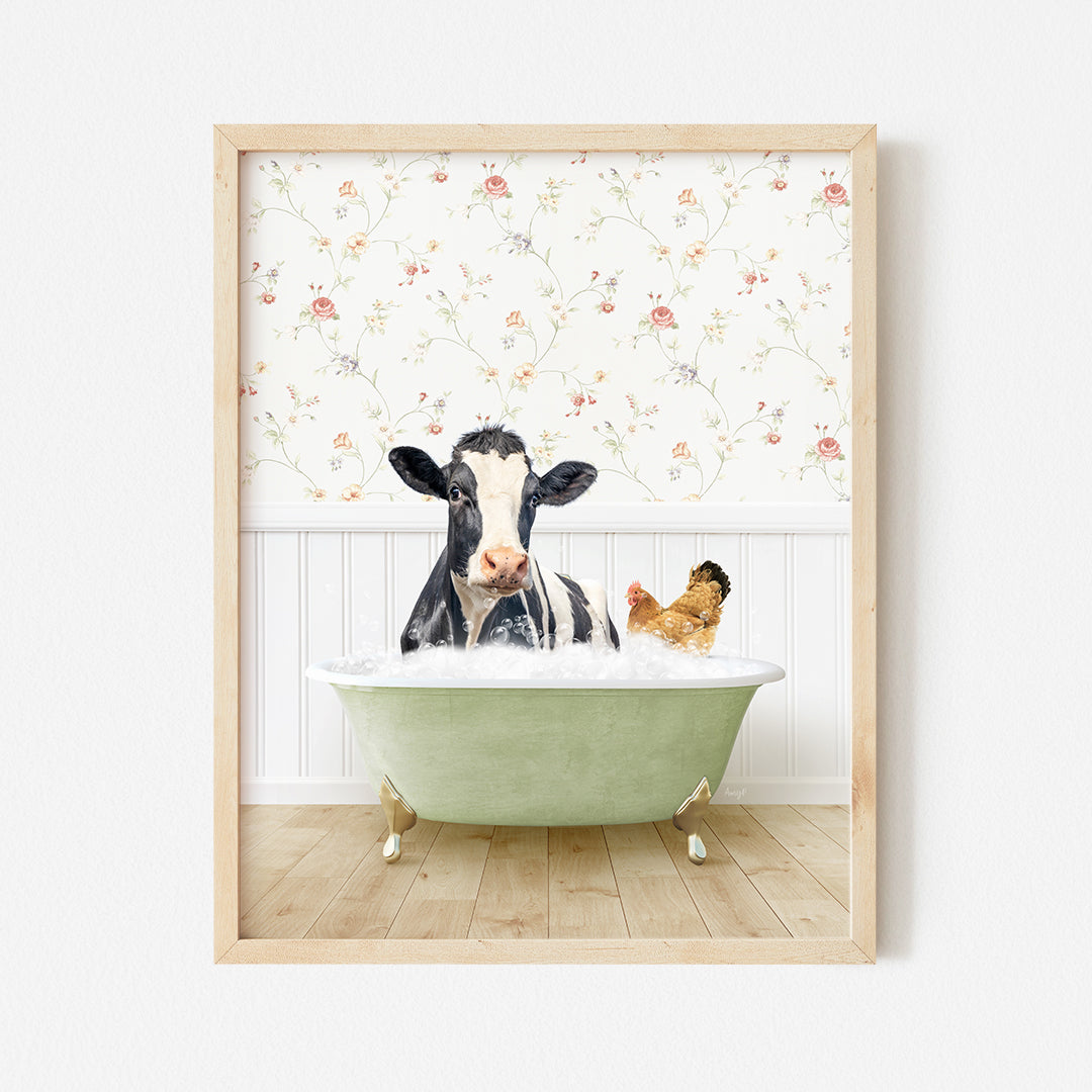 a picture of a cow and a dog in a bathtub