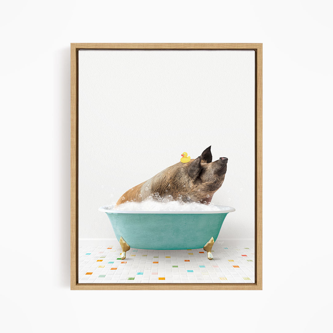 A dog is sitting in a blue bathtub filled with bubbles, with a yellow rubber duck floating on the water.