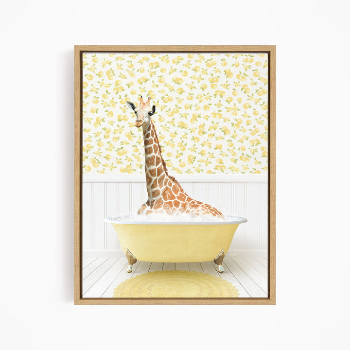 A giraffe is sitting in a yellow bathtub, surrounded by a yellow and white floral pattern on the wall behind it.