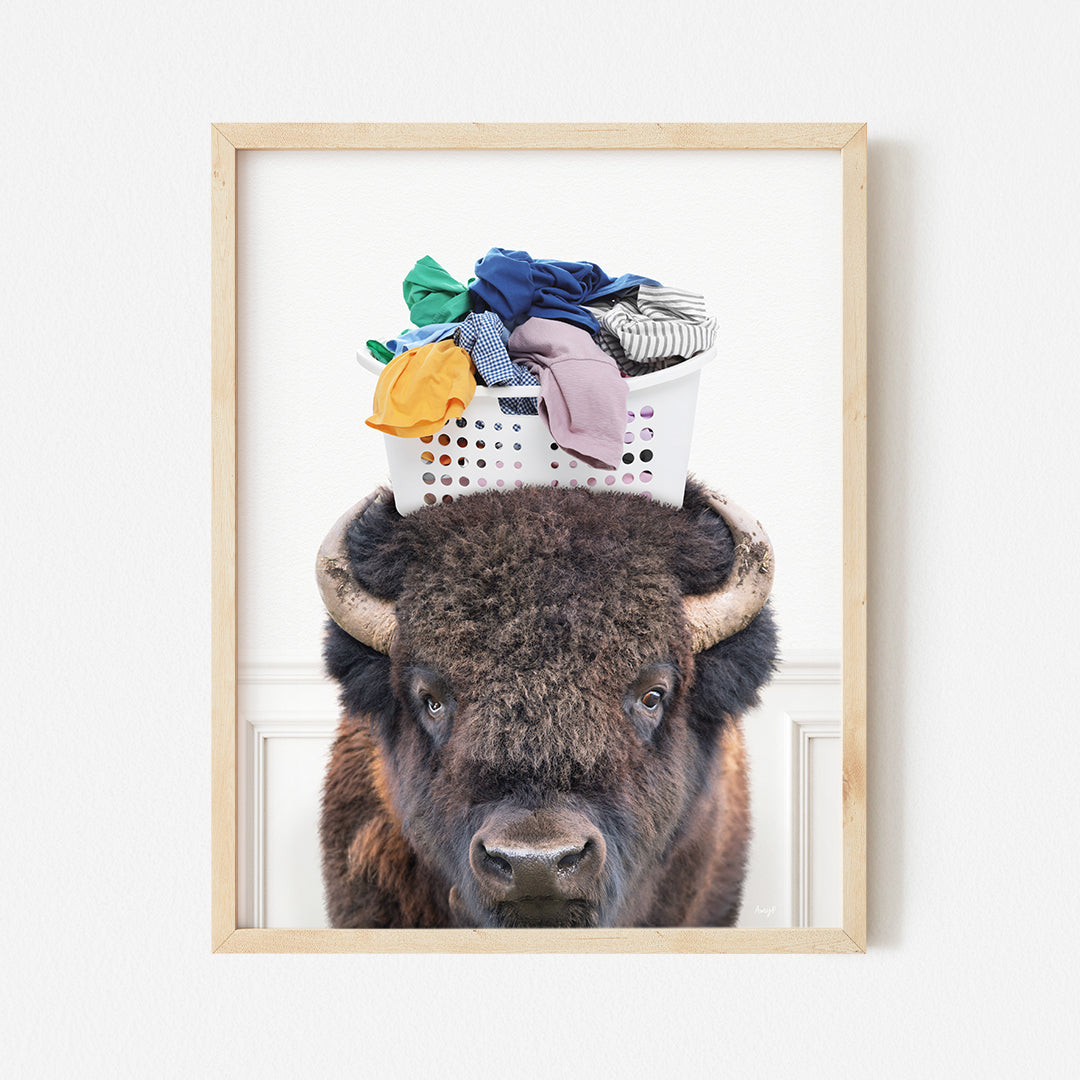 a picture of a bison with a basket on its head