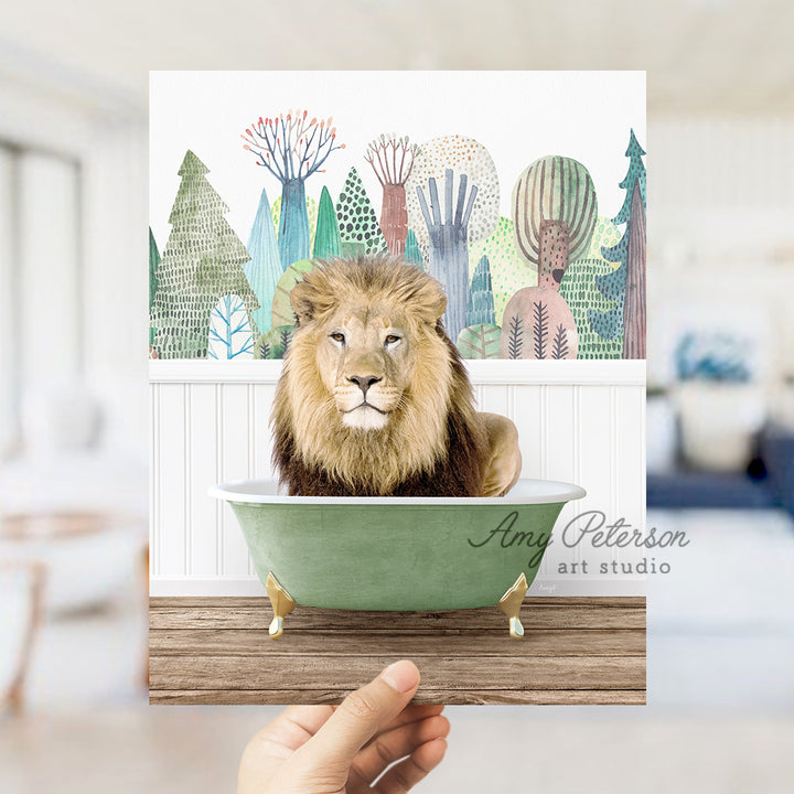 a hand holding a card with a picture of a lion in a bathtub