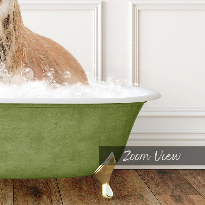 A cat is sitting in a green bathtub filled with bubbles, with a white wall in the background.