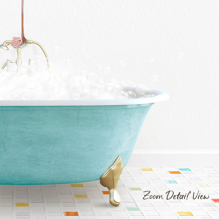 A turquoise claw-foot bathtub filled with bubbles, with a gold claw-foot bathtub leg visible on the floor.