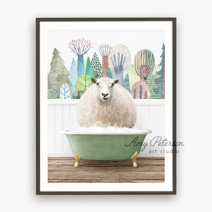 a white sheep sitting in a green bath tub