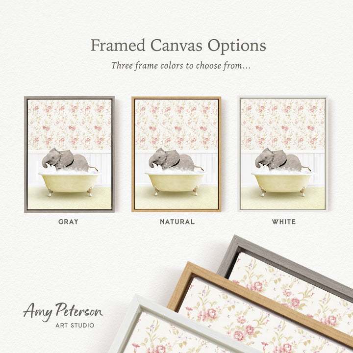 The image is a framed canvas option showcasing three different framed canvas options for a painting of an elephant in a bathtub.