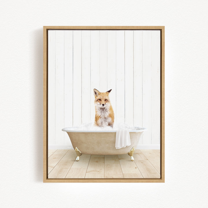 A fox is sitting in a bathtub filled with water, looking directly at the camera.