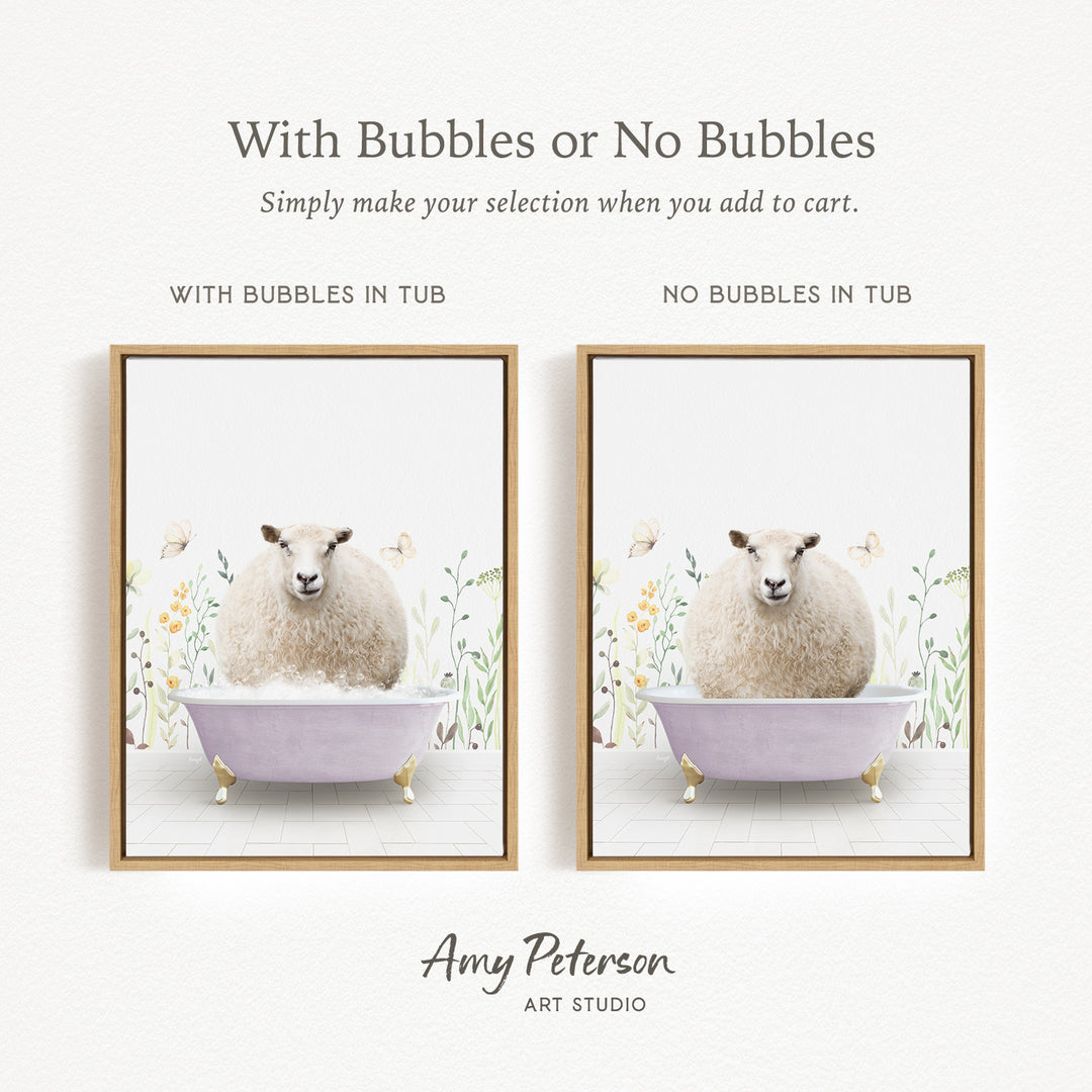 The image is a framed print featuring a sheep sitting in a tub with bubbles, and another sheep sitting in a tub without bubbles. The text above the images reads "With Bubbles or No Bubbles Simply make your selection when you add to cart."