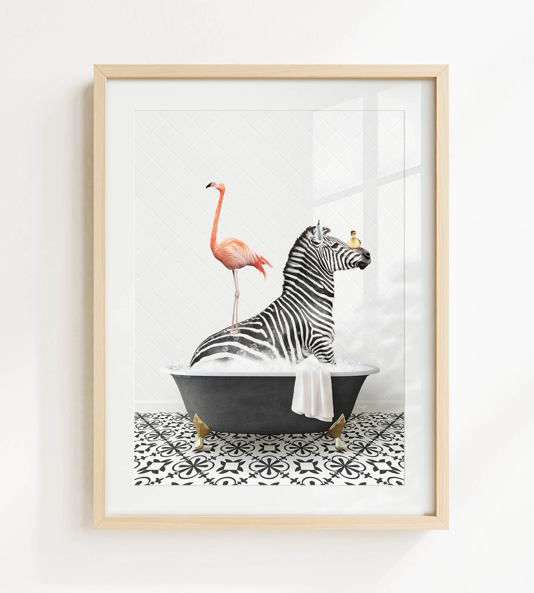 A framed image depicting a zebra sitting in a bathtub, with a flamingo standing on its back.