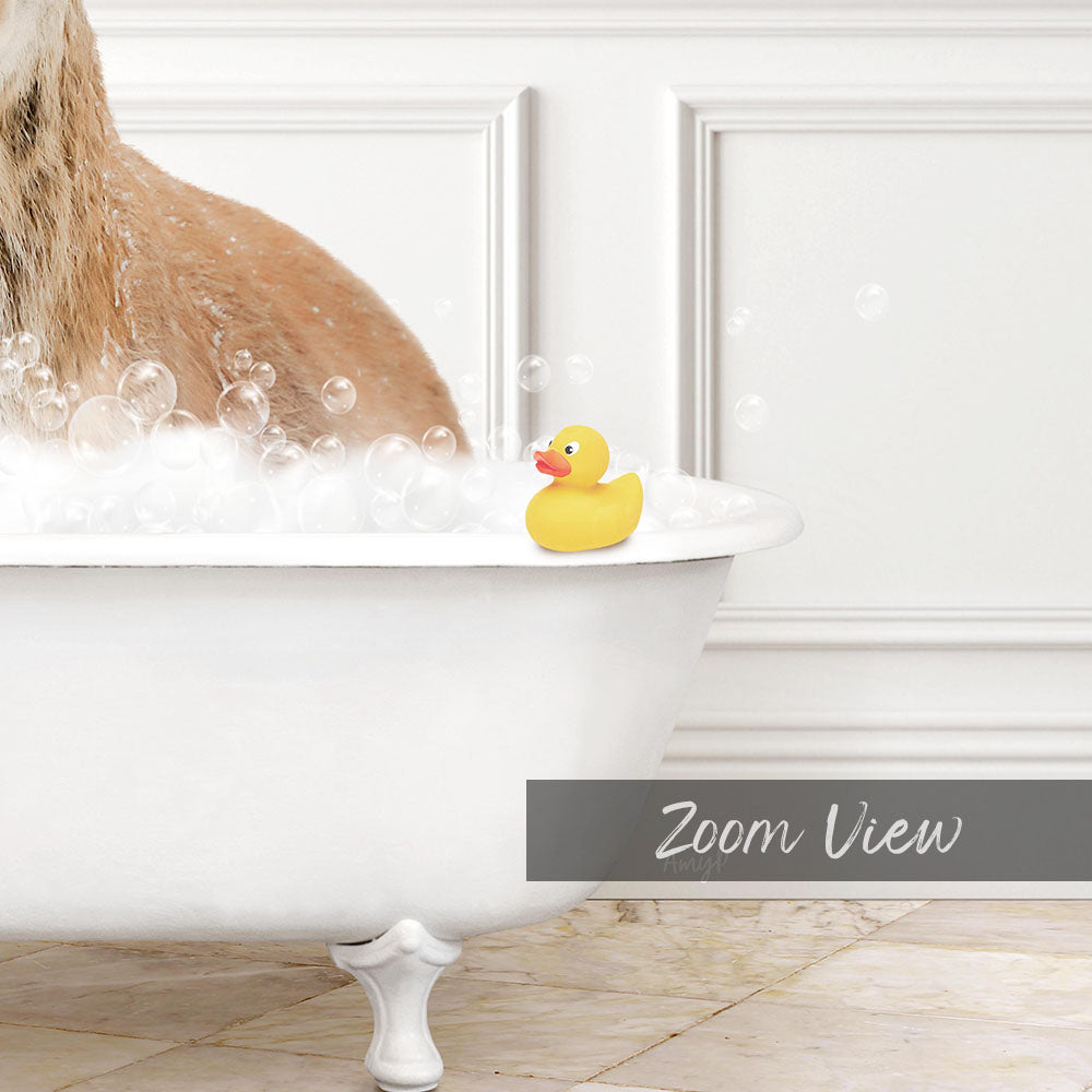 A yellow rubber duck sits in a white bathtub filled with bubbles, creating a playful and whimsical scene.